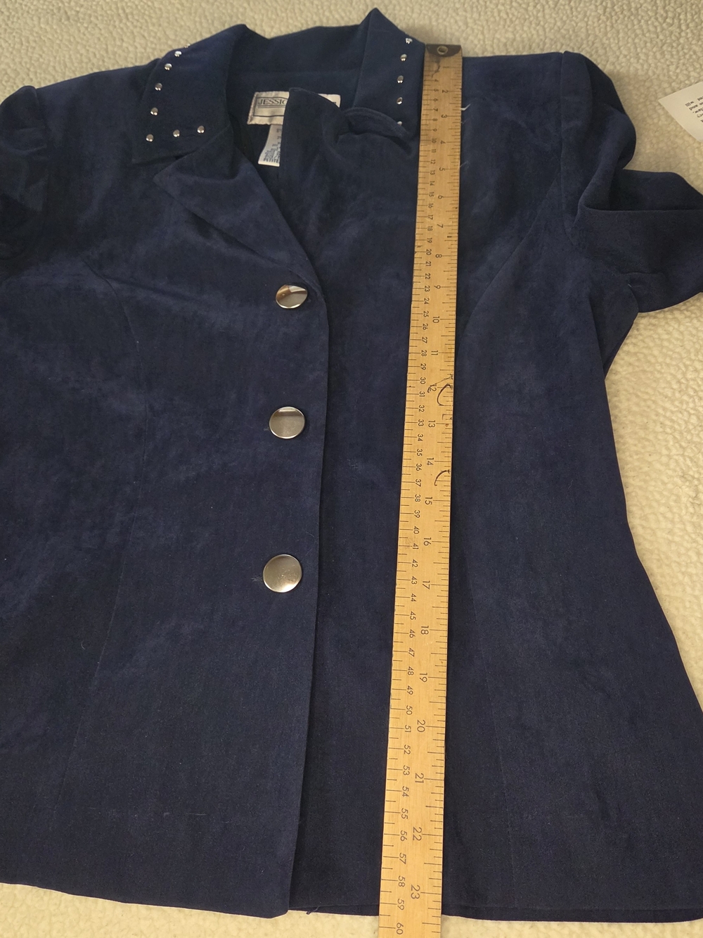 Women's Navy Button-Front Jacket with Studded Collar Size 10 P NWT - Picture 4 of 7